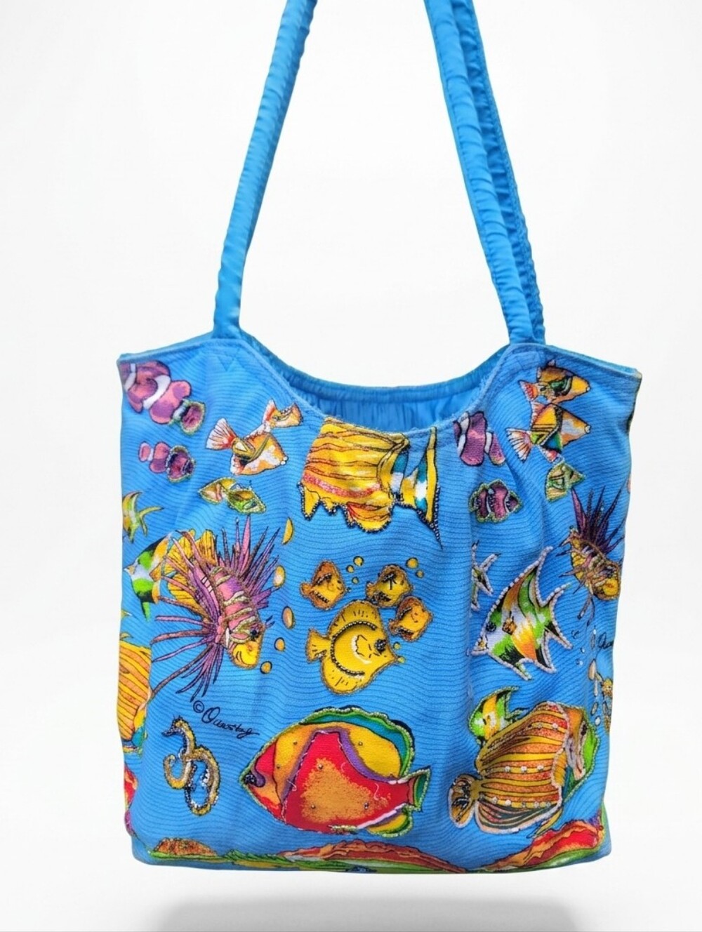 Ann Ormsby Quasby Beach Elements Tropical Fish Beaded Tote Bag 90s Y2K Era